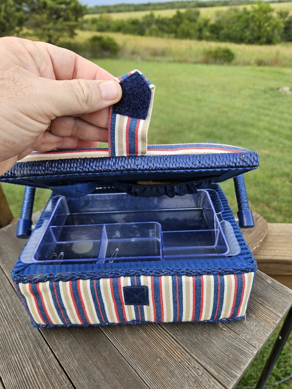 Vtg Red White Blue Striped Fabric Sewing Basket Woven Craft Box Case W/ Tray